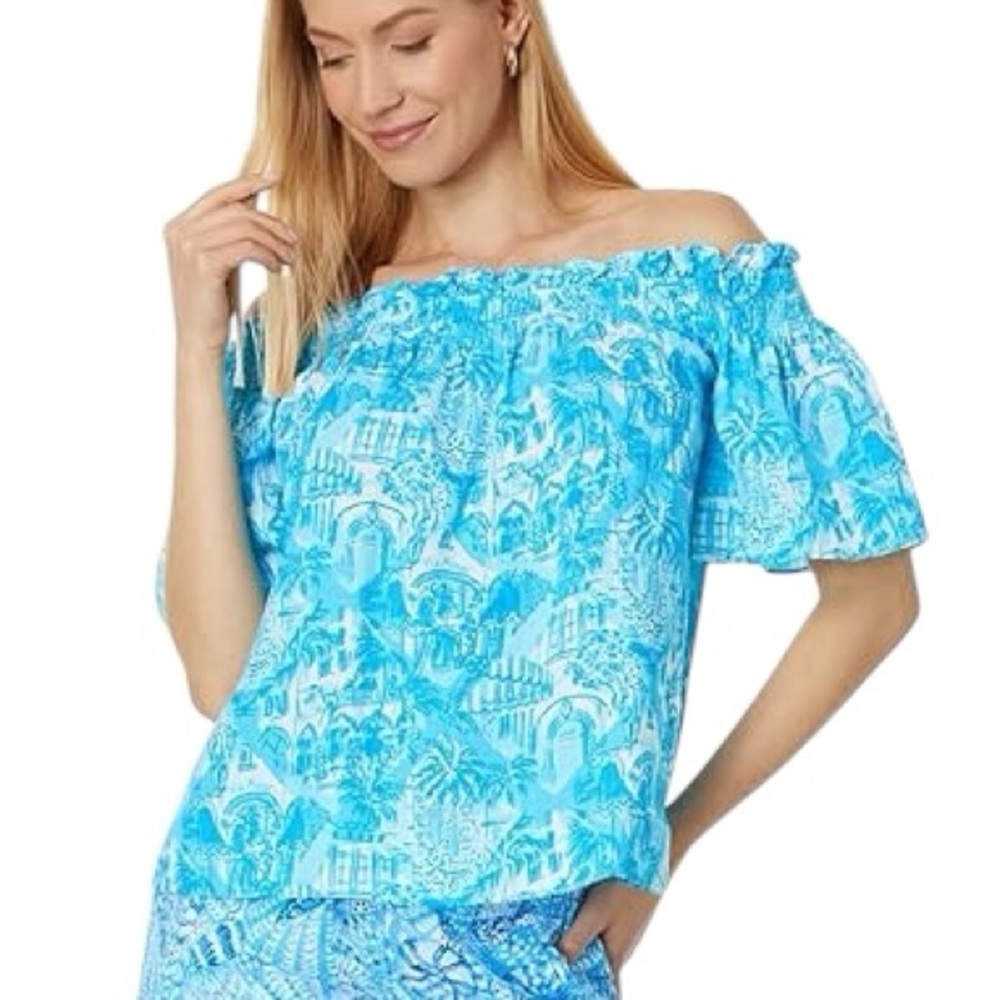 Lilly Pulitzer Leanne Off Shoulder Linen Amalfi Blue Sunny State of Mind Top - S